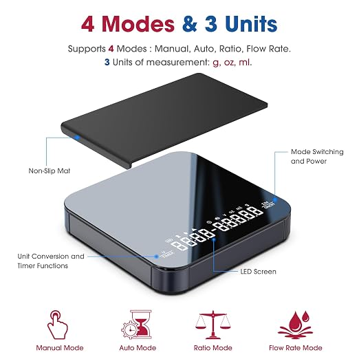 Mik-Nana Mini Coffee Scale with Timer, 2kg/0.1g Rechargeable Espresso Scale | Digital Kitchen Scale for Espresso and Pour-Over Coffee, 4 Brew Modes