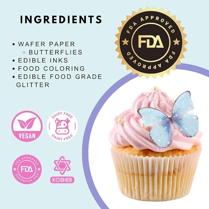 Edible Butterflies with Edible Glitter Kit - Wafer Paper Butterflies for Cakes - Cake Decorations - Cupcake Decorations - Cake Toppers (Dream Blue)