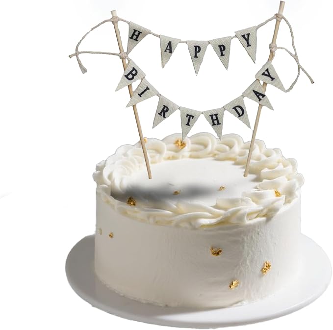 Ivory Happy Birthday Cake Banner Topper - Handmade Pennant Flags Garland with Natural Wood Pole, Party Decor for Cakes Decorations Supplies