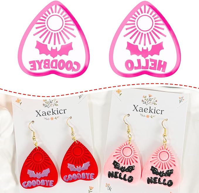 Xaekicr Halloween Clay Earring Cutters - Planchette Style Polymer Clay Cutters with Text & Bat Design, Clay Tools for DIY Jewelry Making