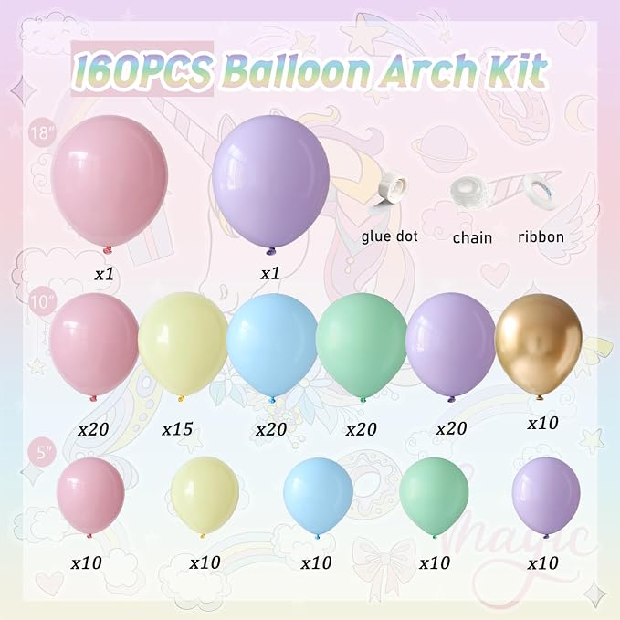 160pcs Pastel Rainbow Unicorn Balloon Garland Arch Kit,Macaron Blue Pink Green Yellow Purple Balloon for Rainbow Unicorn Theme Birthday Baby Shower Wedding Decoration Easter Bunny Hunt Party Supplies