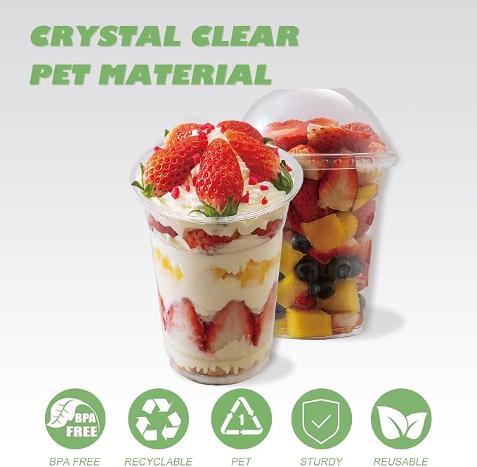 12 oz Clear Plastic Cups with Dome Lids - Dessert Cups with Lids(25 Sets), PET Disposable Party Cups (NO HOLE), Parfait Crystal for Pudding/Ice Cream/Cupcake