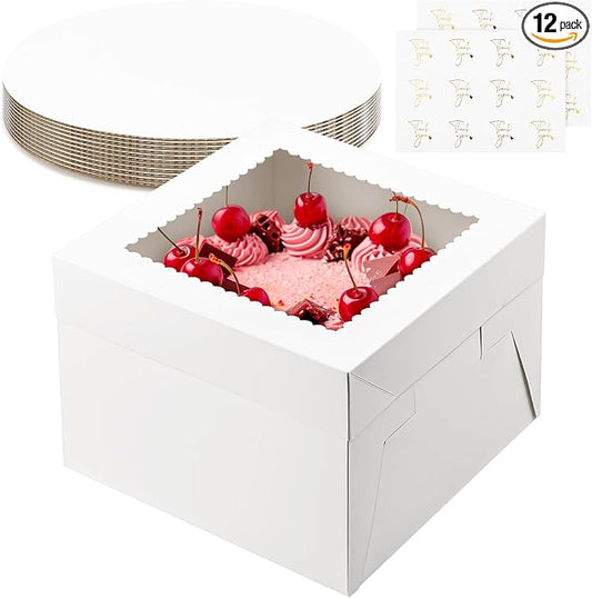 ZORRITA 12 Pack Cake Boxes, 10 x 10 x 8 Inches Tall Bakery Box with Window and Cake Boards, Disposable Cake Containers for Wedding, Birthday, Party