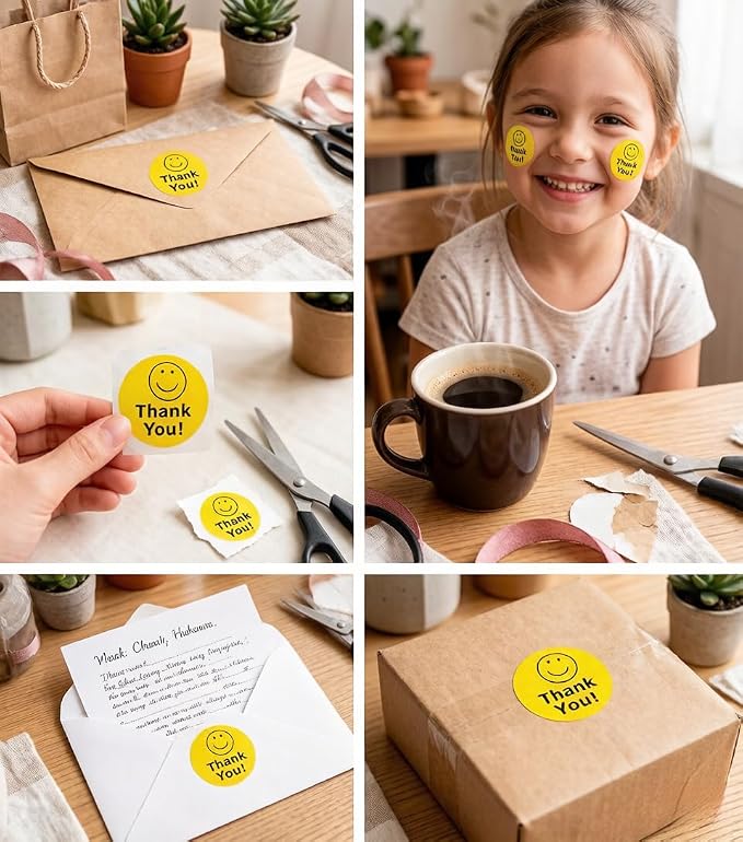 BLESS-VAST 500 PCS Thank You Stickers for Small Business - 1 Inch Smiley Face Thank You Stickers Labels for Baking Packaging Envelope Seals Wedding Birthday Party Gift Wrap Bag (Yellow Smile)