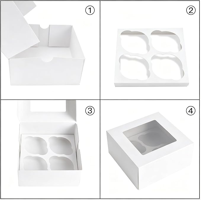 Jotique Cupcake Boxes with Window, 20 Sets 6x6x3 Inch White Paper Bakery Boxes for Cookies and Muffins, Sturdy Disposable Treat Boxes for Individual Pastry, Baked Goods, Gift Giving