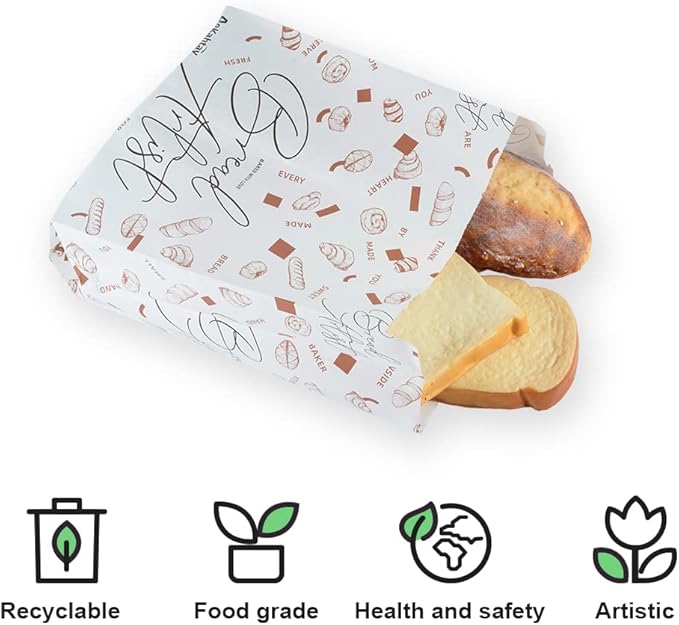 50 Pack Paper Bread Bags with Front Window, 13.8 x 9.5 x 4.3 Inch Large Paper Bread Bags for Homemade Bread Gift Giving with Stickers