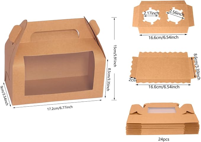 24pcs Gable Bakery Boxes with Window, 6.8x3.6x3.1in, Food-Grade Cardboard | Food-grade cardboard bakery boxes with window. Rustic design for gifts, donuts, bread, party favors. Sturdy handles