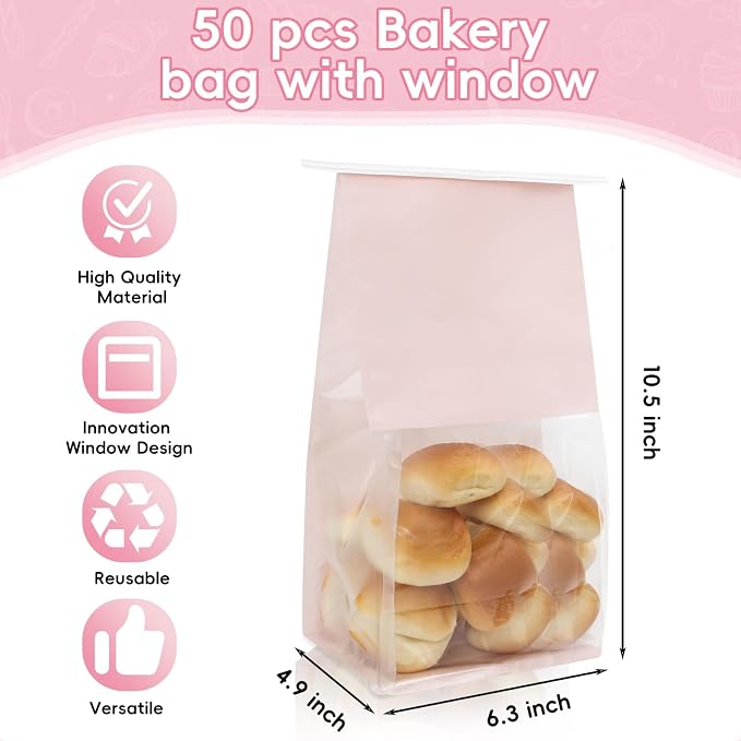 Funcoo 50 pcs Bakery Bags with Window, 6.3'' x 5.1'' x 10.2'' Bakery Cookie Bags with Tin Tie Tab Lock, Paper Bread Bags for for Homemade Bread, Popcorn, Candies, Snack, Baked Goods Packaging(Pink)