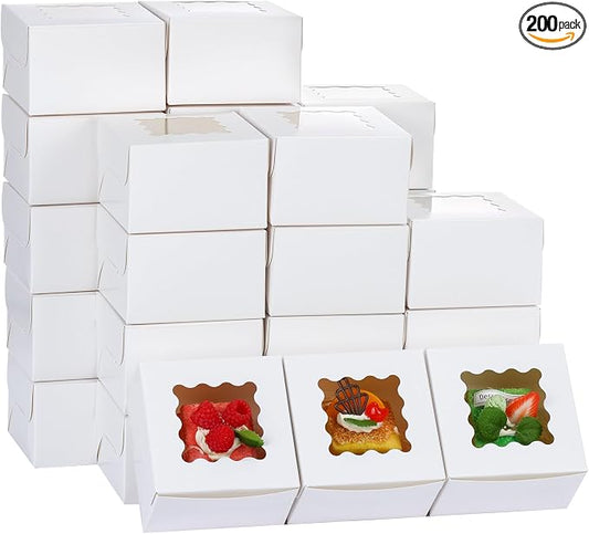 Moretoes 200pcs Small Cookie Boxes, 4x4x2.5 Inch White Bakery Boxes with Window for Pastries, Treats, Cupcakes, Donuts, Candy, Strawberries