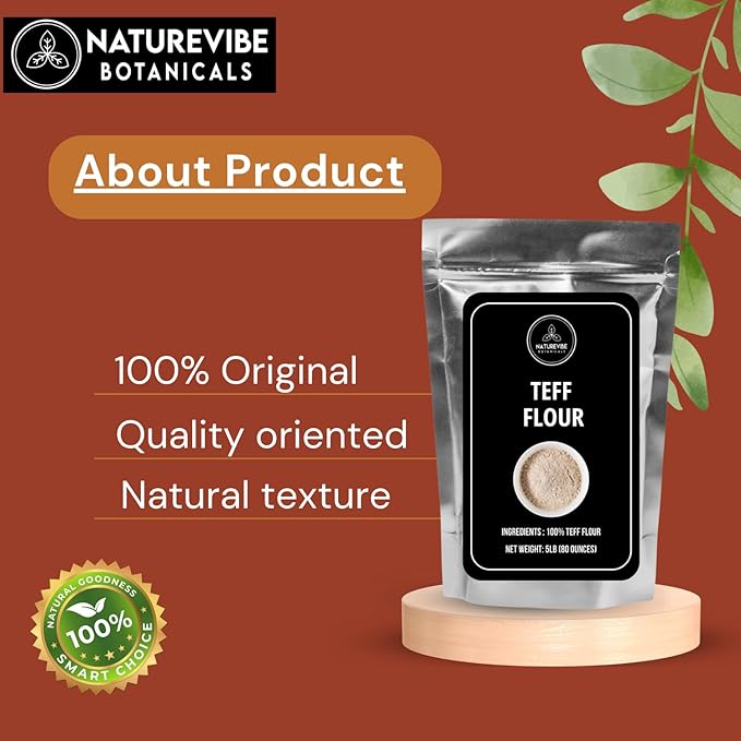 Naturevibe Botanicals Brown Teff Flour 5 lb | 100% Whole Grain & Gluten-Free | Finely Ground High Fiber & Plant Protein | Ideal for Injera, Baking, Pancakes & Healthy Recipes 80 Ounces