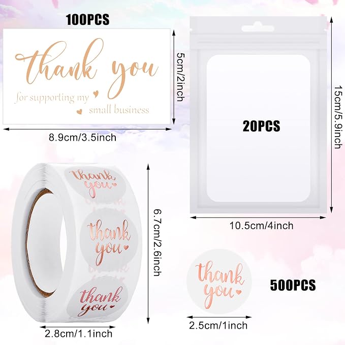 Outus 620 Pieces Thank You for Supporting My Small Business Cards and Stickers Set, Thank You Gold Foil Stickers with Resealable Packaging Bag for Business Owners Packaging Supplies (White)