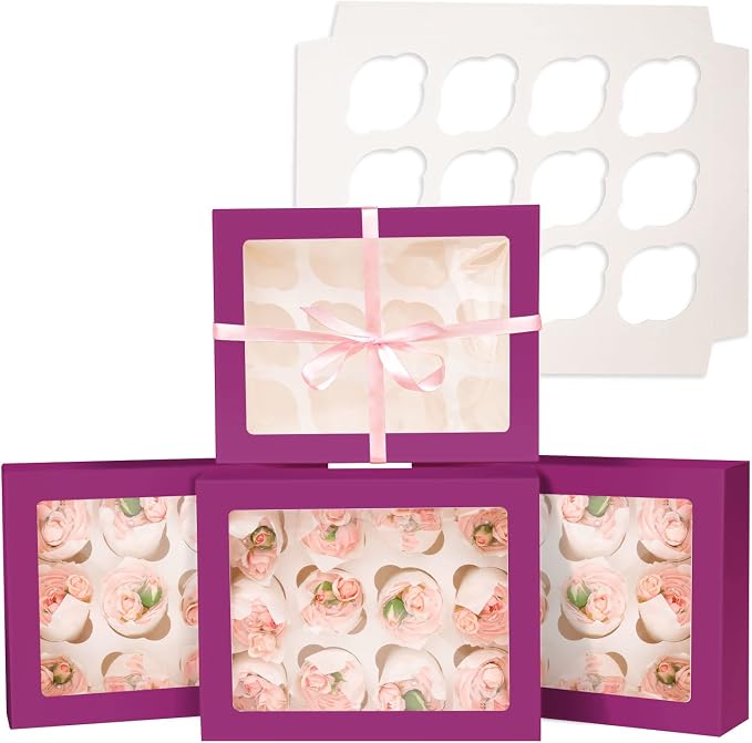 Bakepacker 12 Cupcake Containers 10-Packs Deep Purple Cupcake Box Cupcakes Carrier, 12 Cupcake Boxes with Window 13"x10"x3.5"（Auto-pop up）