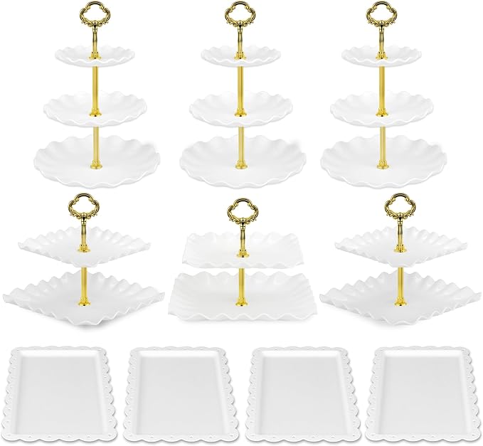 Pack of 11 NWK Cake Stand Set, with 3 x Two-Tier and 3 x Three-Tier Cupcake Stands, 4 x Appetizer Trays, 1 x Tablecloth for Birthday Bridal Baby Shower Party (Gold)