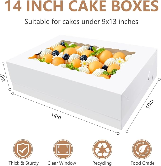 20 Pack Rectangle Quarter Sheet Cake Boxes with Window, 14x10x4 Inch White 1/4 Sheet Bakery Boxes for Pastry Baking Cake, Cupcakes, Donuts, Cookies, Pie Treat Packaging
