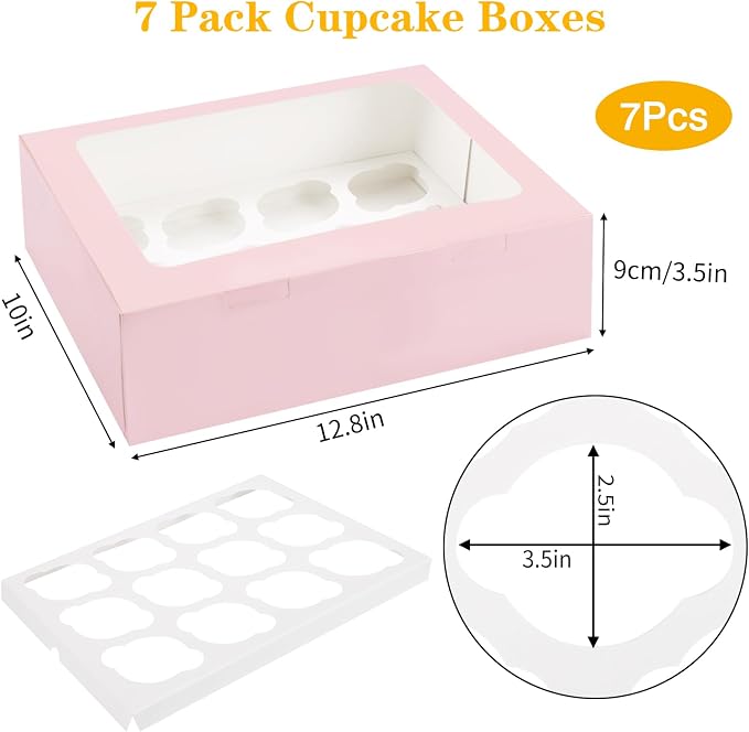 Moretoes 12 Count Cupcake Boxes, 7PCS Auto-Popup Cupcake Container with Window Boxes, Pastry Box for Birthday Holiday Party Bakery Supplies (Pink)