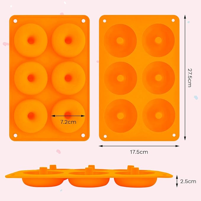 2er Pack Silicone Donut Mold - Non-Stick Silicone Doughnut Pan DIY Chocolate Baking Cookie Molds, Heat Resistant, Make Donut Cake Biscuit Bagels, BPA Free Dishwasher Safe (orange, 6 Cavities)