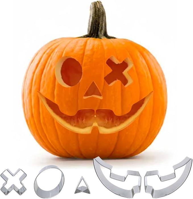 Pumpkin Carving Kit 22Pcs Tools, 2” Deep Halloween Pumpkin Carving Stencils Set Metal Mold with Hammer, Safer & Funny Halloween Decoration Cookie Cutters Shapes Pie Pancake