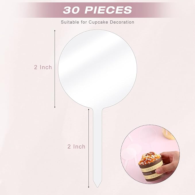 Chunful 30 Pack 2 Inch Circle Acrylic Custom Cupcake Topper, DIY Clear Blank Cake Personalized Cupcake Topper with Sticks for Birthday Party, Wedding, Engagement, Baby Shower Cake Decoration