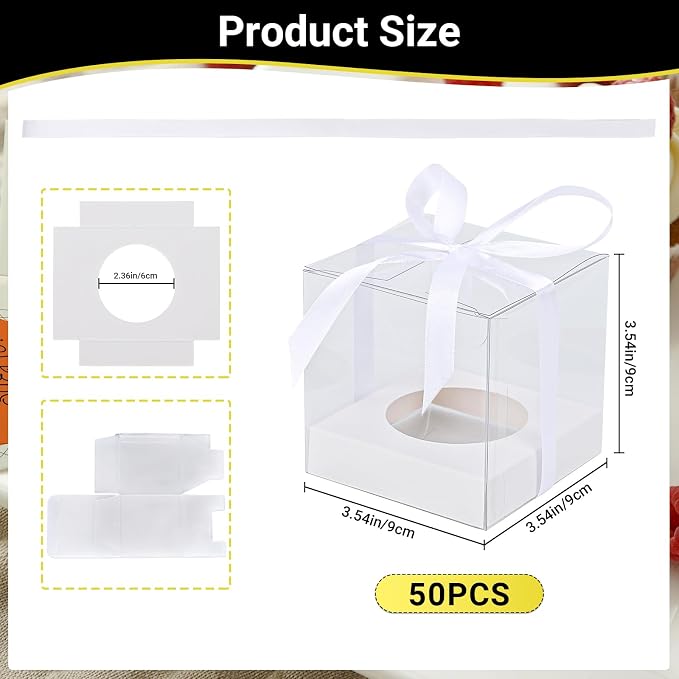EUSOAR Disposable Clear Cupcake Boxes, 50pcs 3.5 Inch Plastic White Individual Cupcake Carrier Storage for Cake Dessert, Single Transparent Cupcake Holder Containers for Wedding Party