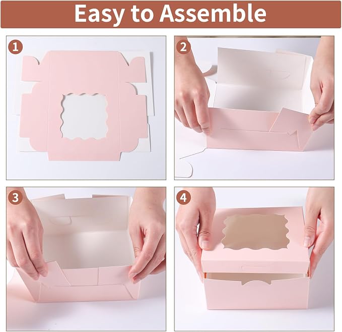 100 pcs 6x6x3 Inches Small Cake Box with Window, Bakery Pastry Cookie Boxes, Mini Pie container for Pastry,Dessert,Strawberries,Chocolates, Cupcakes with paper stickers (pink)