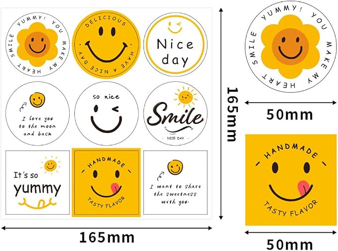 Smile Face Stickers, 180pcs Happy Face Labels 2inch Round Square Cute Handmade Sweetness Stickers for Bakery Packaging Gift Bags Envelopes Cookie Boxes Thank You Notes