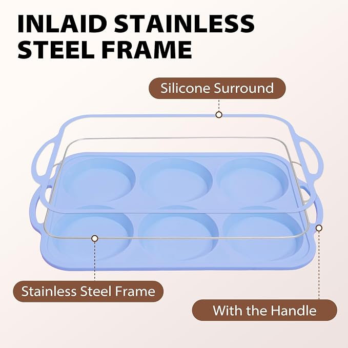 Nonstick Silicone Muffin Top Pan: 2 Pcs 6-Cavity 4 Inch Jumbo Silicone Egg Mold with Metal Frame for Baking Breakfast Sandwich Hamburger Buns Whoopie Pie Egg Bites - Easy Clean Oven Safe - Light Blue