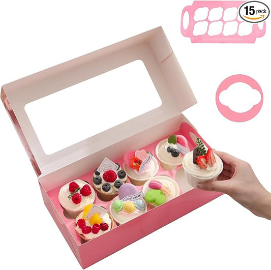 15 Pink Cupcake Boxes 8 Count with Window and Inserts, Cupcake Containers, Mother's Day Cupcake Boxes for Cupcakes, Muffins, Cookies