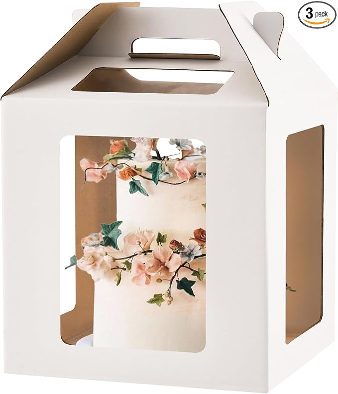 Tall Cake Boxes 6 Windows with handle,14x14x14 Tall Cake Carrier, Tiered Cake Box, Square cake box,largeTake Out Transport Containers Ideal for 12" & 14" Tiered Cakes (3Pack-White)