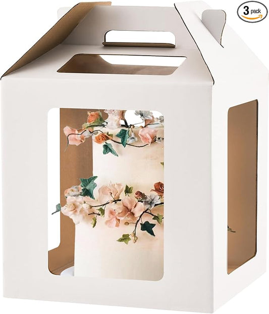 Tall Cake Boxes 6 Windows with handle,14x14x14 Tall Cake Carrier, Tiered Cake Box, Square cake box,largeTake Out Transport Containers Ideal for 12" & 14" Tiered Cakes (3Pack-White)