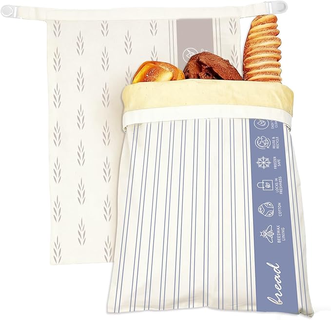 Saicefe 2 Pack Reusable Beeswax Bread Bags for Sourdough & Homemade Bread, Cotton Waxed Bags Keeps Fresh Longer XL Food Storage Bags with Beeswax Lining, Freezer Safe, Baking Supplies for Sourdough