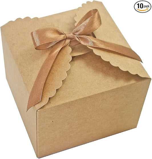 WEWILUCK Brown Box for Presents, 10 Pack Small Empty Kraft Paper Gift Boxes with Ribbon For Packaging Candy, Cookie, Chocolate, Craft, Candle, Small Gifts, 4.75” x 4.75” x 3.53”