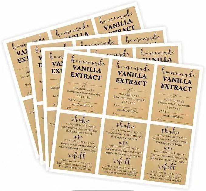 30 Pack Kraft Paper Homemade Vanilla Labels, 1.5×2 Inch Square, for Madagascar Vanilla Beans & Vodka Extract, Ideal for DIY Vanilla Bottles, Jars & Kitchen Pantry Storage (30)