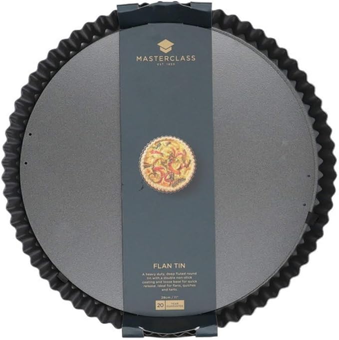 MasterClass 28 cm Loose Bottomed Tart Tin, Fluted Round Quiche Pan with PFOA Non Stick, Robust 1 mm Thick Carbon Steel, 11 Inch, Black