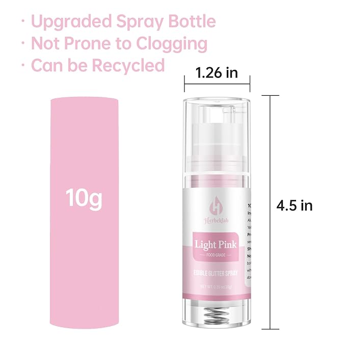 Light Pink Edible Glitter Spray – Herbeklab 10g Food Grade Edible Shimmer Spray for Cakes, Cookies, Chocolate, Strawberries, Drinks and Cocktails– Upgraded Bottle Design