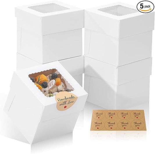 COTOPHER 5Pcs Mini Cake Boxes, 4x4x4 Inches Bakery Boxes with Window, Small Dessert Box Cake Packaging for Pastries, Cookies, Chocolates, Cupcakes, Birthday Party, Wedding