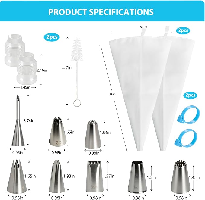 Reusable Cotton Piping Bags and Tips Set -Two 16inch Pastry Bags with 8pcs Large Stainless Icing Tips for Cake Decorating, Cupcakes, Cookies. Baking Kit for Home Bakers & Chefs