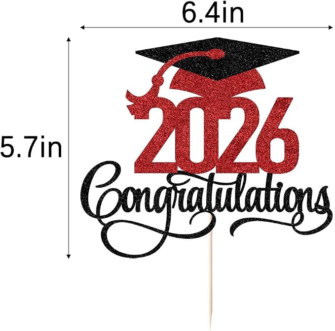 Black red Glitter 2026 Congratulations Graduation Cake Topper,Congrats Grad Cake Decor - 2026 High School/College/Senior Graduation Party Decorations Supplies
