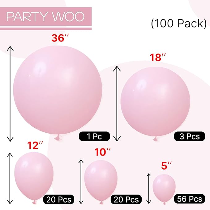 PartyWoo Light Pink Balloons 100 pcs Different Sizes of 36 18 12 10 5 Inch Pastel Baby Pale Pink Balloon Arch Kit Garland for Baby Shower Valentine's Day Princess Birthday Party Decorations Pink-Y48