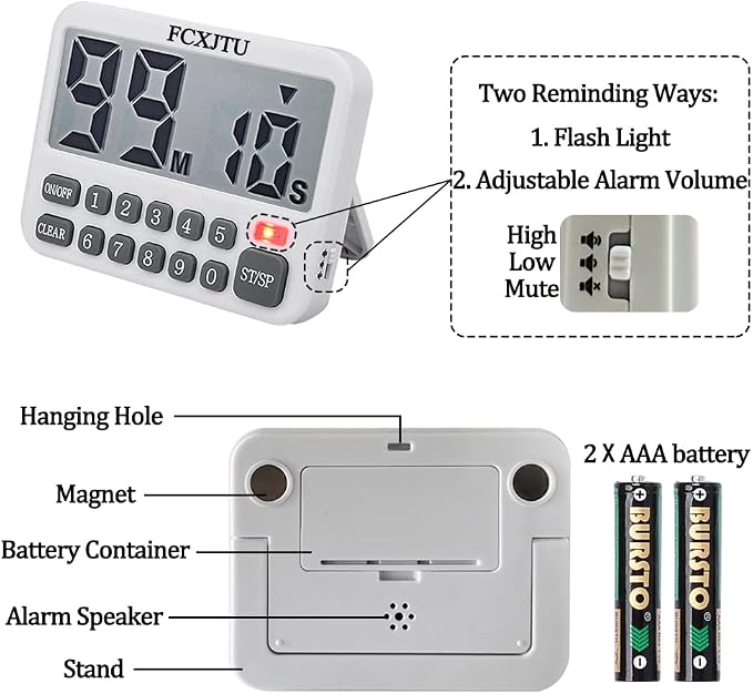Digital Kitchen Timer, Large Display Countdown/Up Timer with Digits Directly Input, Fast Setting, Loud Alarm, ON/Off, Magnetic Back Stand for Cooking, Baking, Study