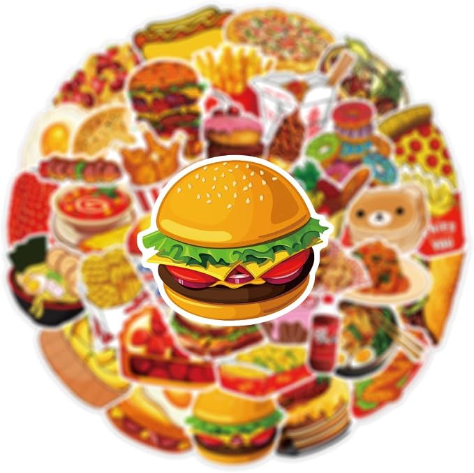 Cute Food Stickers 50PCS Fast Food Sticker Bag Waterproof Vinyl Aesthetic Decals for Scrapbook, Water Bottles, Laptops, Mobile, Skateboard, Guitar, Perfect for Kids Teens Girls