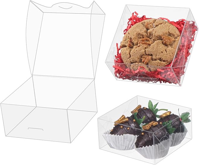 50pcs 4x4x2 Inch Plastic Clear Pastry Boxes - Cookies, Doughnuts, Truffles, Brownie, Cake, Chocolate Covered Strawberries & Treat Boxes for Party Favors & Wedding