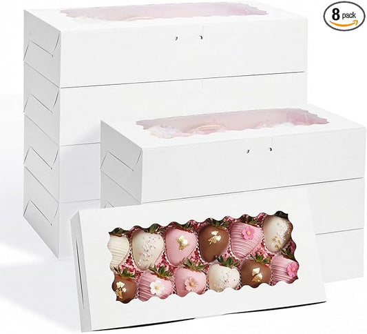 VGOODALL 8PCS Cookie Boxes, 12x5.5x2.6Inches White Bakery Boxes with Window Cupcake Containers for Pastry Candy Cupcake Strawberry, Party Supplies