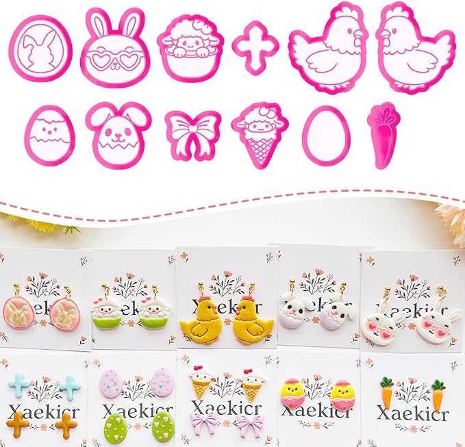 Easter Polymer Clay Cutters Set - 12pcs Sharp & Durable Bunny, Chick, Ice Cream & Egg Shapes for DIY Earring Jewelry Making, Soft Clay Crafts & Spring Holiday Supplies