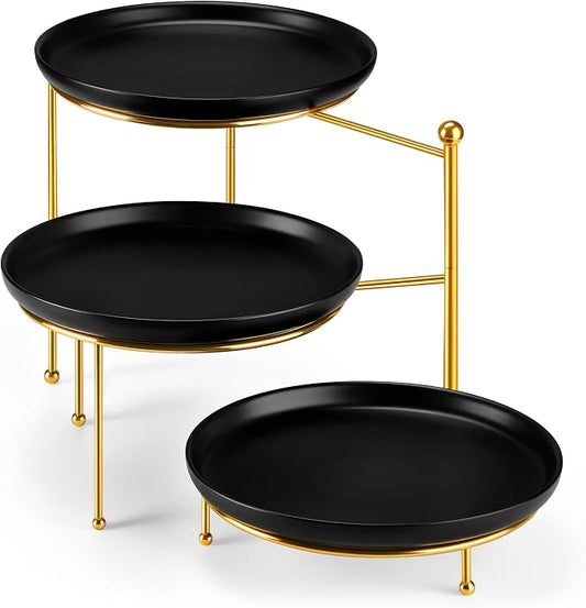 MALACASA Black 3 Tier Serving Tray Stand with Gold Rack, 10 Inch Porcelain Tiered Dessert Stand, Cupcake Fruit Display Tower, Serving Platters for Party, Appetizer Tray, Dessert Table Display