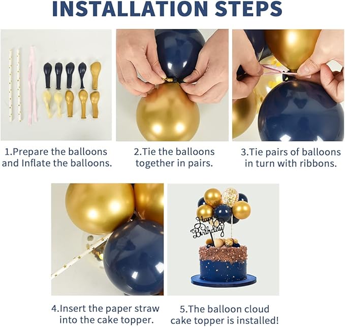 BEISHIDA Happy Birthday Cupcake Toppers - Navy Gold Mini Balloon Cloud Birthday Cake Decorations for Boys Men Party Decorations