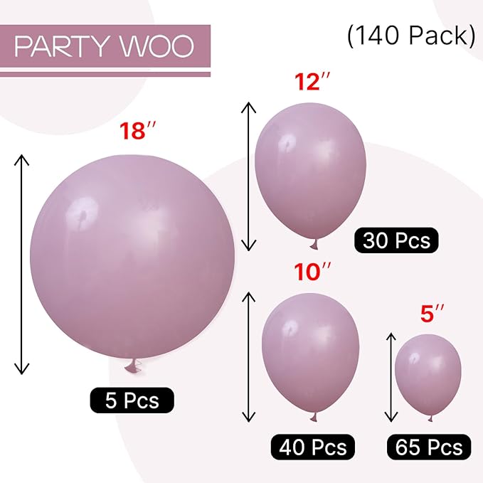 PartyWoo Dusty Purple Balloons 140pcs Different Sizes Pack of 18 12 10 5 Inch Lavender Boho Neutral Balloon Arch Kit for Baby Shower Graduation Butterfly Fairy Birthday Party Decorations Purple-F29