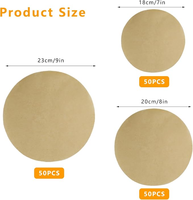 150 Pcs Round Baking Parchment Paper, 50 Each of 7", 8", 9", Unbleached Non-Stick Round Baking Sheets Precut Liners for Cake Pans Air Fryer Grilling Pizza Springform Pan