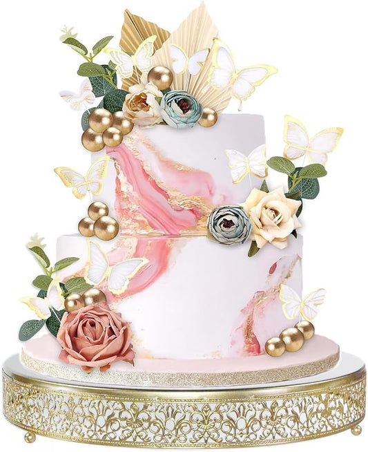 16 Inch Luxury Light Gold Cake Stand, Round Metal Dessert Display with Ornate Filigree Lace, Dual‑Coated Premium Finish for Wedding, Anniversary & Elegant Home Decor