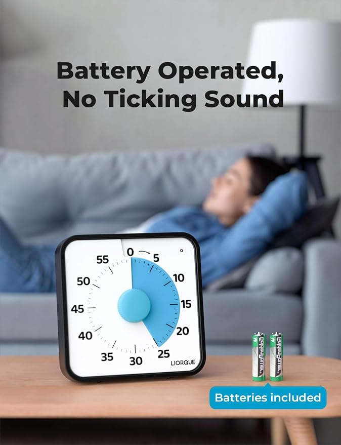 LIORQUE 60 Minute Visual Timer for Kids and Adults, Non-Ticking 7.5 Inch Large Visual Countdown Timers for Classroom Desk Countdown Clock with Magnetic Backing, Kids Pomodoro Timer Clock
