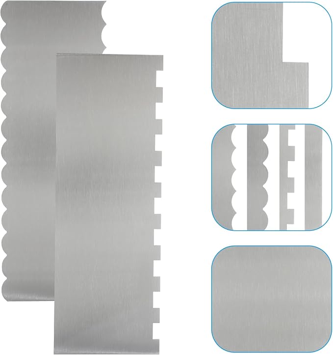 Cake Scraper - 2 Pack 8.6 Inch Stainless Steel Cake Decorating Tool, Double Sided Smooth & Patterned Edge for Buttercream, Fondant, Mousse